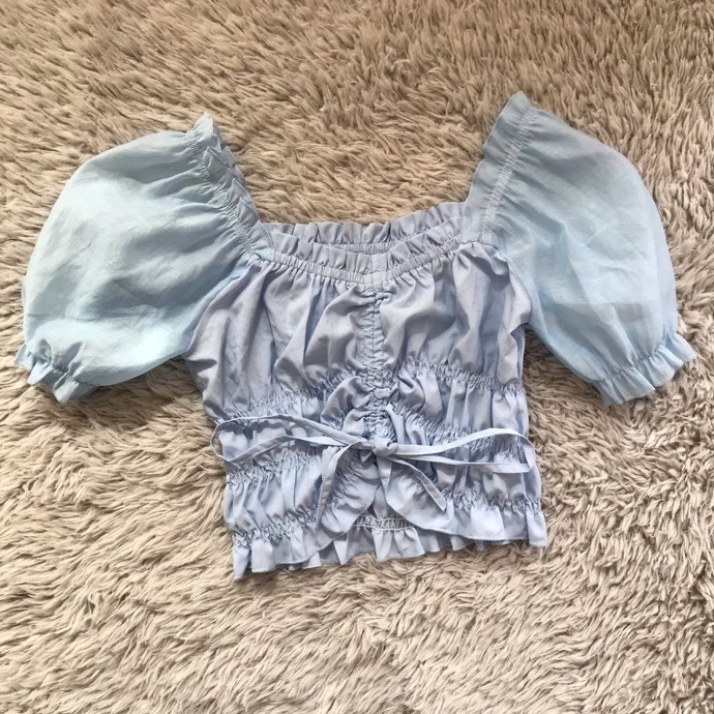 Blue Puffed Sleeve Ruched Tie Up Blouse - Picture 1 of 2